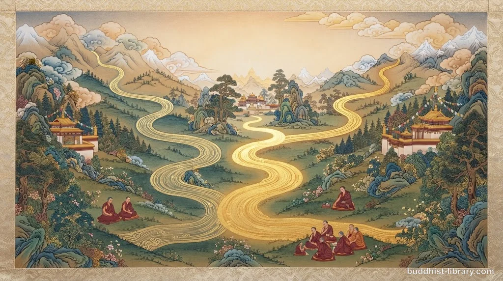 Two intertwining meditation streams merging into one path, symbolizing the unity of calm and insight practice