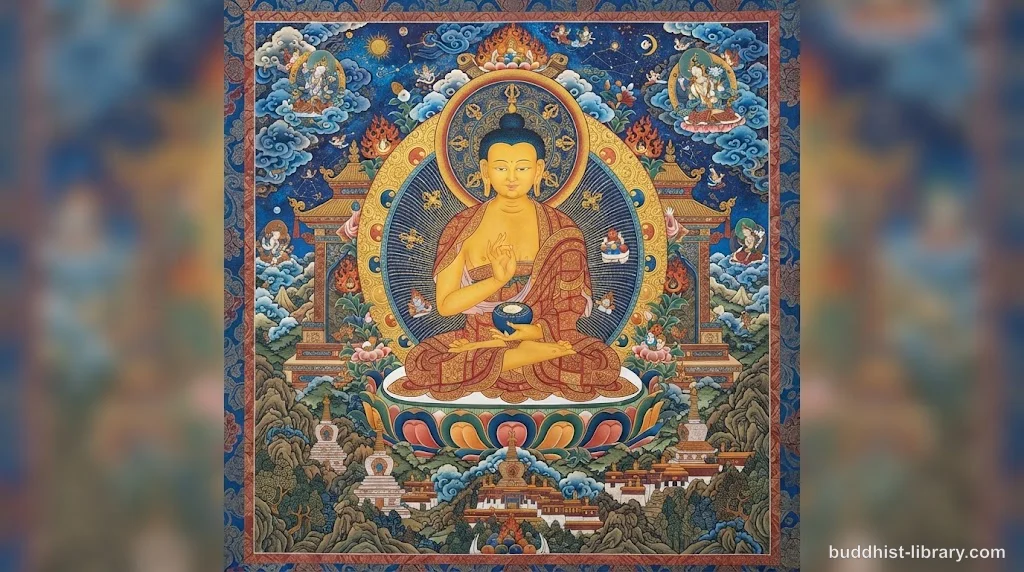 Golden Buddha figure seated in meditation against a cosmic background with ancient stupas, representing the perfectly enlightened Sammā-Sambuddha