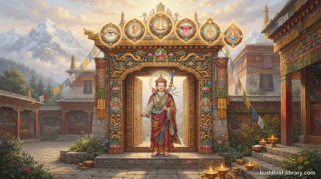 Serene guardian figure standing at an ornate doorway with six symbolic portals representing the sense doors, traditional Buddhist art style