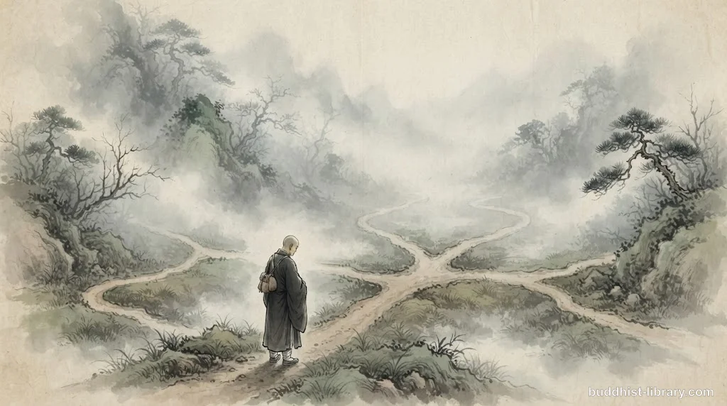 Contemplative figure at a crossroads surrounded by mist, representing doubt and uncertainty in Buddhist practice