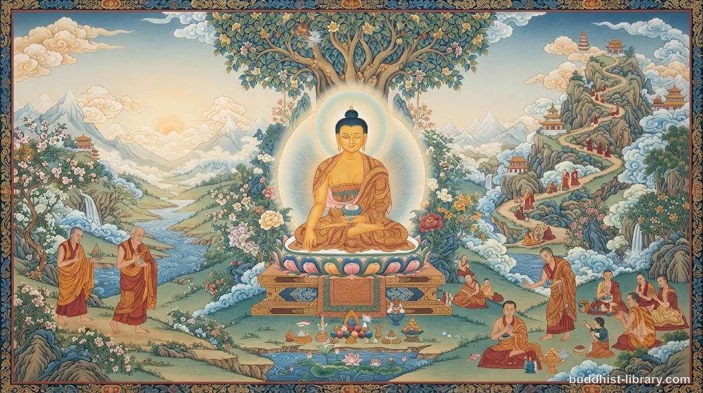 A flowing river representing continuous spiritual energy, with golden light illuminating the current moving steadily forward through a serene landscape