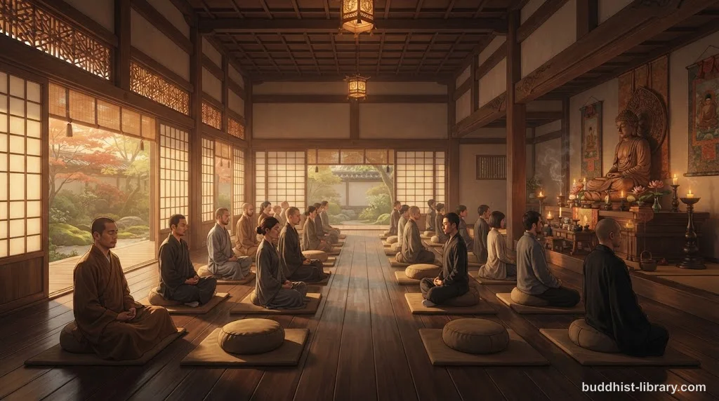Serene Buddhist meditation hall with soft golden light filtering through windows, symbolizing mindful awareness of physical sensations