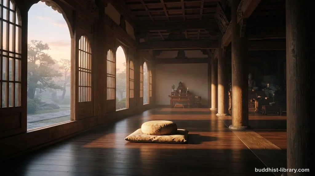 Serene meditation hall at dawn with soft light filtering through windows, symbolizing clarity emerging from drowsiness