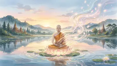 Traditional Buddhist artwork depicting the dissolution of self-concept, with flowing forms representing impermanence and non-attachment