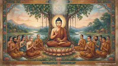Serene meditation scene representing living fully in the present moment, traditional Buddhist art style