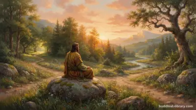 A person sitting peacefully at a crossroads, contemplating multiple paths with clarity and calm awareness
