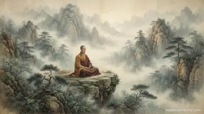 Serene figure meditating in mist, symbolizing courage in facing the unknown with Buddhist practice