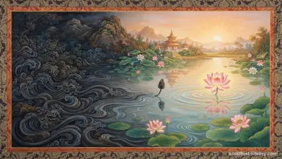 Serene lotus pond reflecting transformation from turbulent emotions to peaceful clarity in Buddhist practice