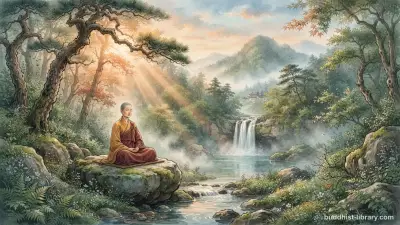 Solitary figure meditating peacefully in nature, depicting the Buddhist approach to transforming loneliness into spiritual solitude