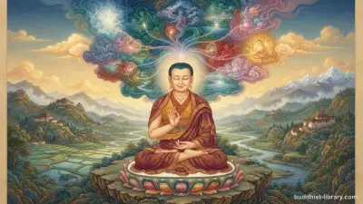 Peaceful meditation scene showing the contemplation of mental states, traditional Buddhist art style