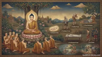 Traditional Buddhist art depicting the three divine messengers—an elderly person, a sick person, and a corpse—as reminders of life's fragility