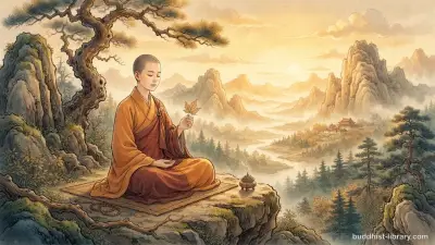 Serene Buddhist practitioner examining natural phenomena with mindful awareness, traditional art style