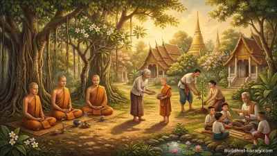 Traditional Buddhist scene depicting ethical conduct and mindful living with peaceful monks and laypeople