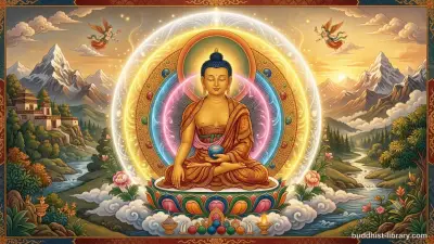 Serene Buddha figure surrounded by radiating light representing the four brahmavihāras in traditional spiritual art style