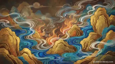 Abstract representation of the four elements—earth, water, fire, and air—in balanced harmony, traditional spiritual art style