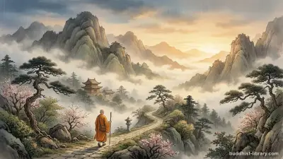 A quiet path through misty mountains at dawn, symbolizing the Buddhist path from suffering to liberation