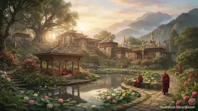 Ancient Buddhist monastery at dawn with healing garden, traditional spiritual art depicting peace and recovery