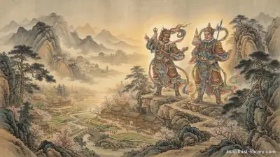 Traditional Buddhist art depicting two guardian figures standing watch over a peaceful community, symbolizing moral conscience protecting the world