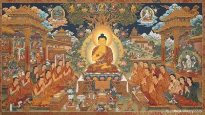 Traditional spiritual art depicting the Buddha's teaching on patience and forbearance through the simile of the saw