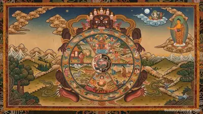 Traditional Buddhist wheel of life (bhavacakra) depicting the realms of rebirth and the cycle of karma