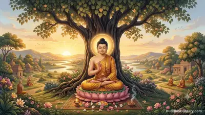 Traditional spiritual art depicting the Buddha's journey from palace life to enlightenment under the bodhi tree