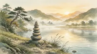 A balanced stone cairn on a quiet riverbank, symbolizing the Middle Way between extremes in Buddhist practice