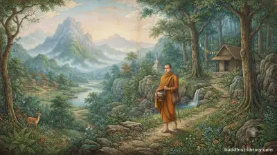 Serene monastic figure releasing a lotus flower into flowing water, symbolizing letting go and renunciation in spiritual practice