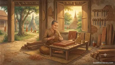 A peaceful scene depicting ethical work and mindful livelihood in traditional Buddhist art style
