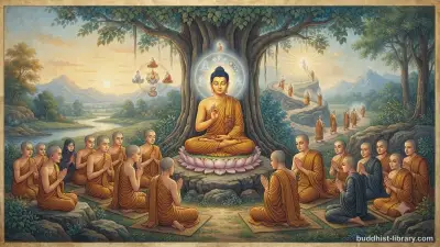 Traditional Buddhist art depicting a teacher instructing disciples under a bodhi tree, representing the transmission of Right View