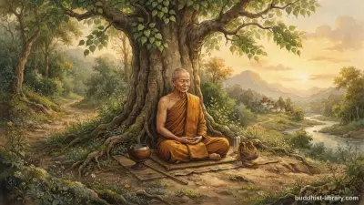 A serene monk sitting peacefully beneath a simple tree, embodying contentment and simplicity in traditional Buddhist art style