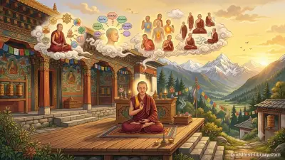 A serene meditation scene depicting the four foundations of mindfulness in traditional Buddhist art style