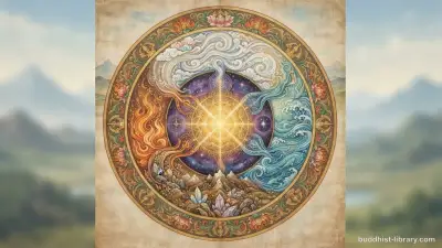 Abstract composition showing six natural elements — earth, water, fire, air, space, and a luminous consciousness field — blending in a circular mandala formation, traditional Buddhist art style, serene spiritual atmosphere, 16:9