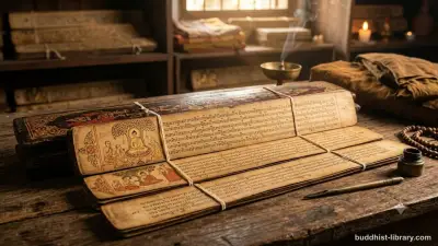 Ancient palm-leaf manuscript pages with Pali script, illuminated by soft golden light, representing the timeless wisdom of the Dhammapada