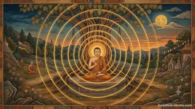 Serene meditator in deep concentration beneath ancient tree with radiating golden light representing jhāna states