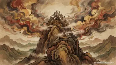 A mountain peak standing firm against clouds, symbolizing unwavering resolve and conviction in Buddhist practice