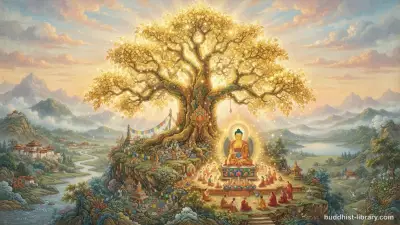 Golden Bodhi tree with radiant light symbolizing spiritual awakening in Buddhism