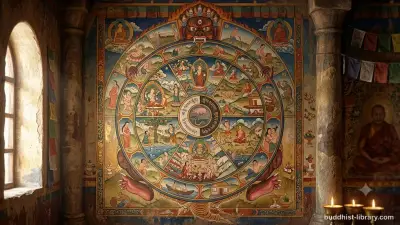 Traditional Buddhist wheel illustration depicting the twelve links of dependent origination in interconnected harmony