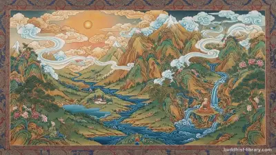 Four elements—earth, water, fire, air—depicted as natural forces in traditional Buddhist art style