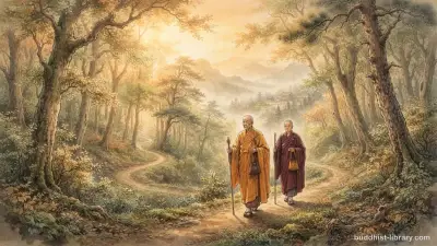 Two Buddhist practitioners walking together on a forest path, symbolizing spiritual friendship and mutual support on the path to awakening