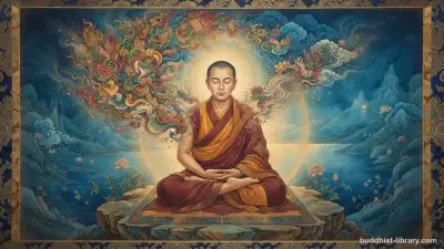 Contemplative figure seated before fading illusions dissolving into clarity, traditional Buddhist art style, representing disenchantment and insight