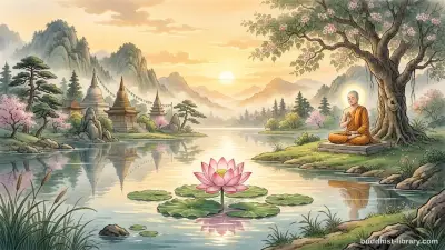 Serene meditation scene representing the peace of Nirvana, traditional Buddhist art style