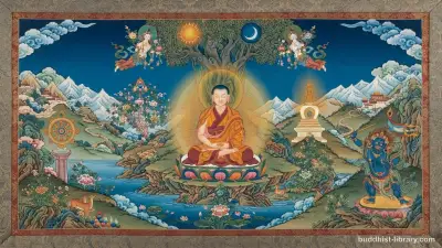 Traditional Buddhist art depicting a peaceful meditator surrounded by symbols of trust and inner light, representing saddhā as verified confidence on the spiritual path
