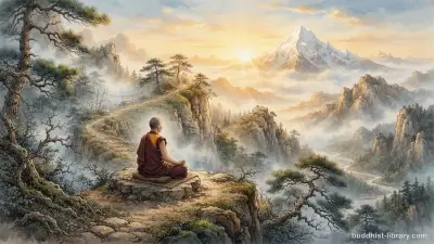 Traditional Buddhist art depicting a meditator on a mountain path at dawn, symbolizing the Once-Returner's penultimate stage before full liberation