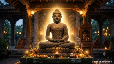 Serene Buddha statue in deep meditation surrounded by soft golden light representing samādhi and concentrated awareness