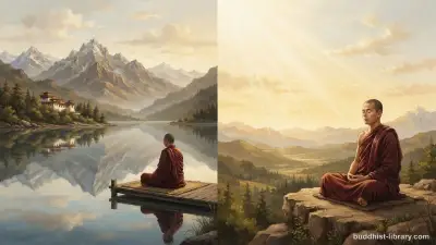 Calm lake reflecting mountains representing samatha tranquility and clear sky representing vipassanā insight in Buddhist meditation practice