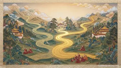 Two intertwining meditation streams merging into one path, symbolizing the unity of calm and insight practice