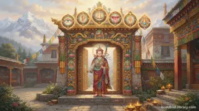 Serene guardian figure standing at an ornate doorway with six symbolic portals representing the sense doors, traditional Buddhist art style