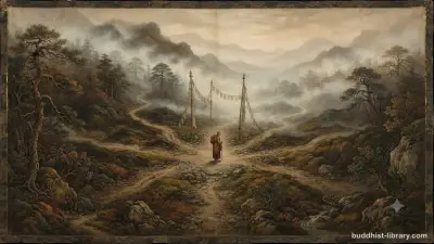 Contemplative figure at a crossroads surrounded by mist, representing doubt and uncertainty in Buddhist practice