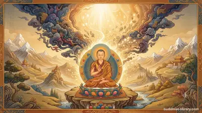 Serene Buddhist meditation hall with soft golden light filtering through windows, symbolizing mindful awareness of physical sensations